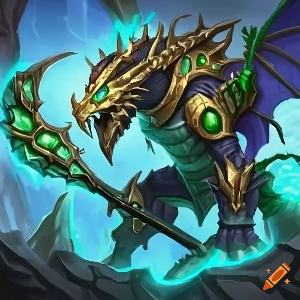 Emerald armored anime elder dragon on a Hearthstone card