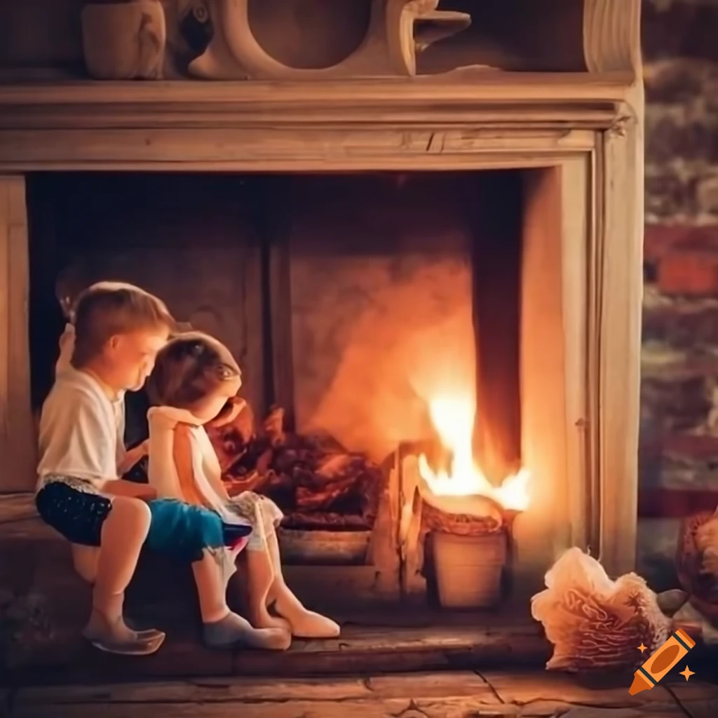 Children gathered around a fireplace listening to fairytales in a cozy setting