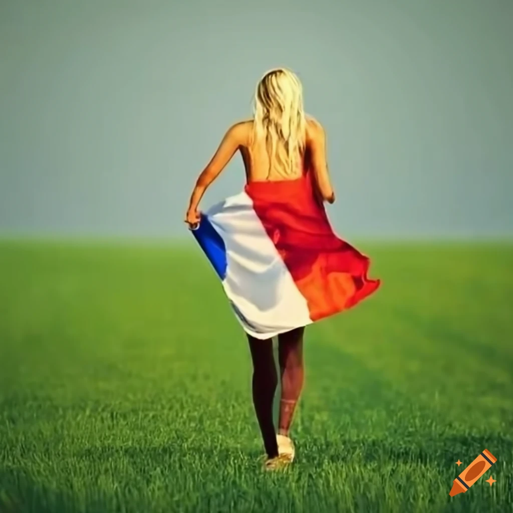 Blonde woman with French flag running towards urbanized area from green field