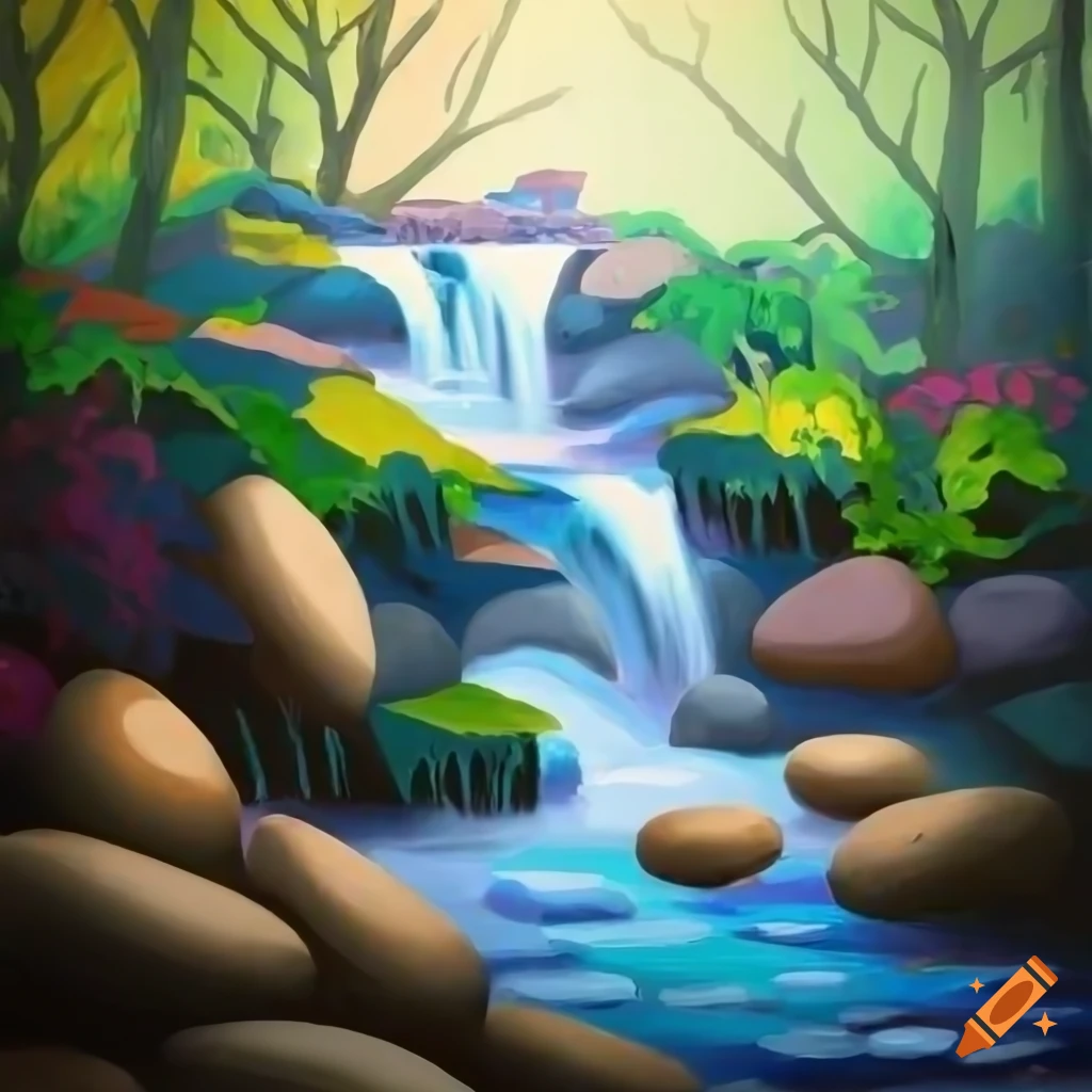Cascading creek with pebble riverbed on transparent background in video game style