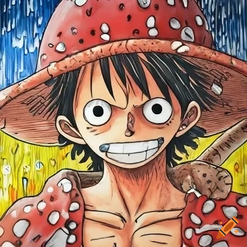 Rain-kissed mushroom field with Monkey D. Luffy in pencil art