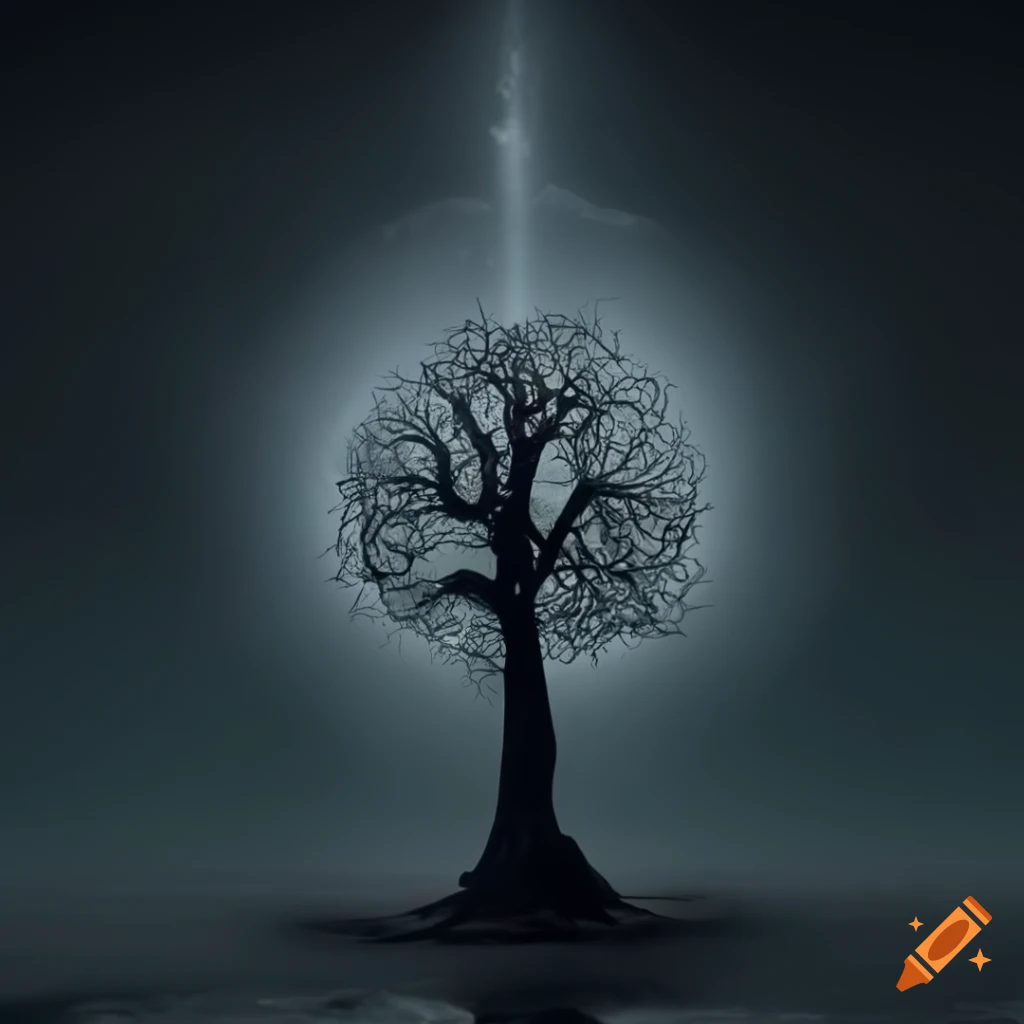 Simplified stylish black Yggdrasil on a silvery cloudy background