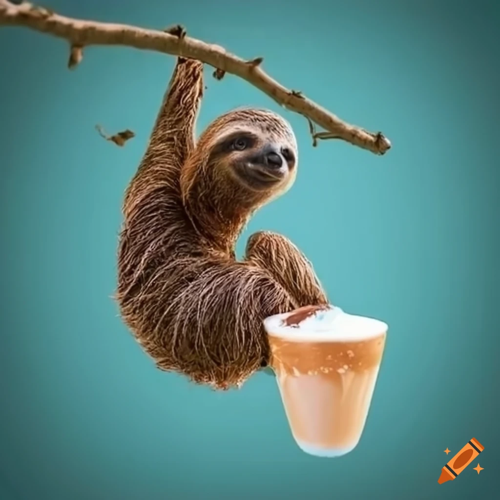Sloth hanging from tree sipping frozen latte
