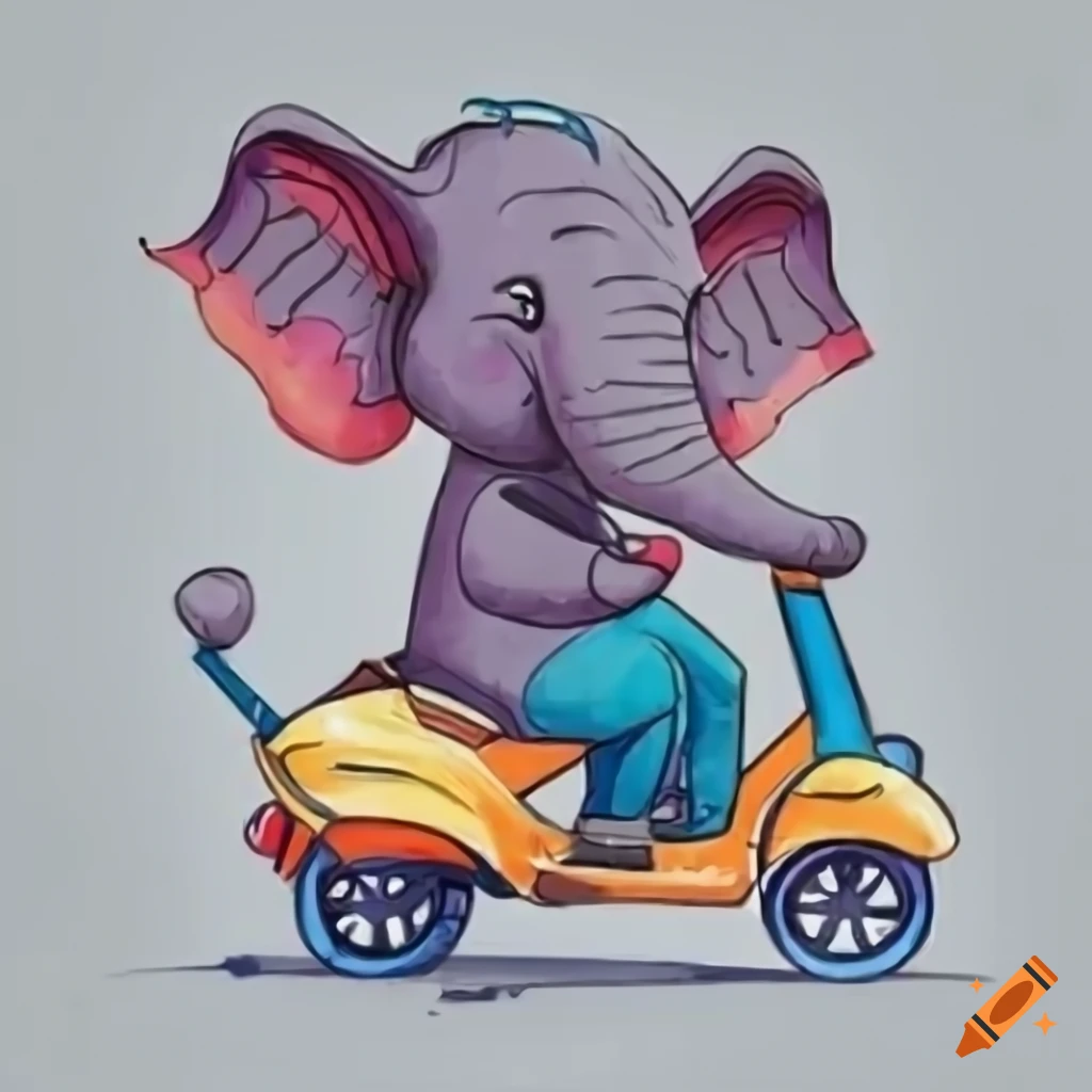 Cartoon elephant with sunglasses riding a scooter