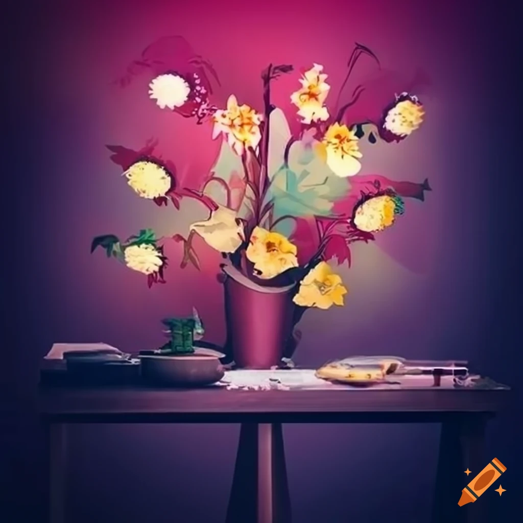 Imaginative poster with blooming flowers and garden tools