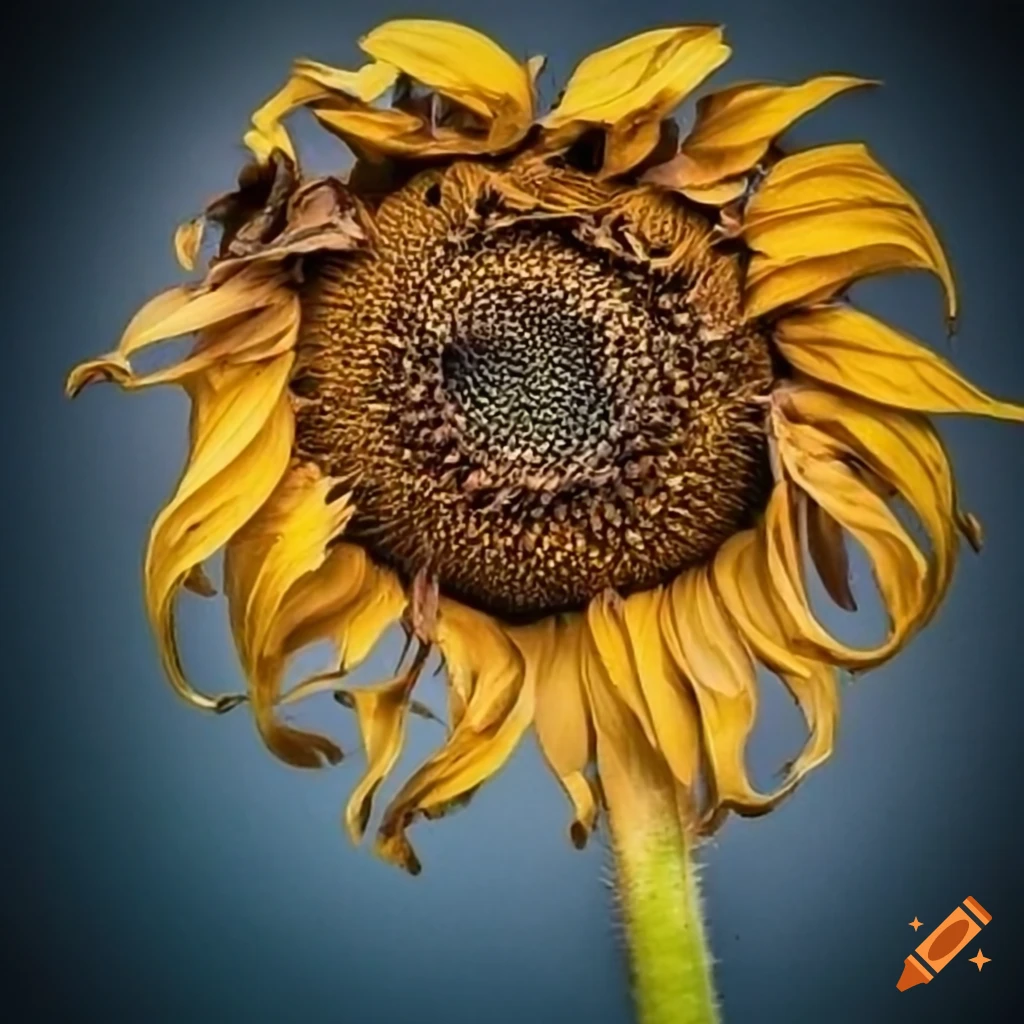 Decaying sunflower in a field with visible stem