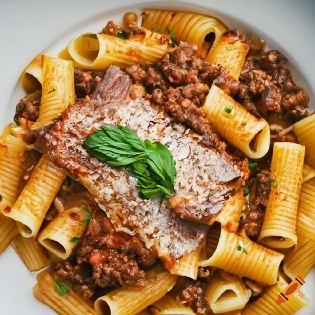 Plate of short rib bolognese pasta with rigatoni noodles