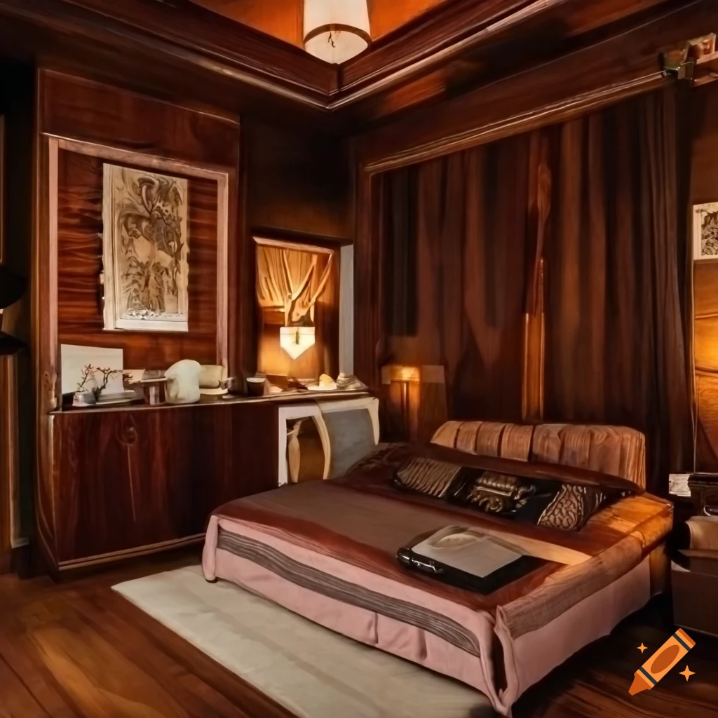 Bedroom with Brazilian Rosewood decor and a Les Paul guitar in the background