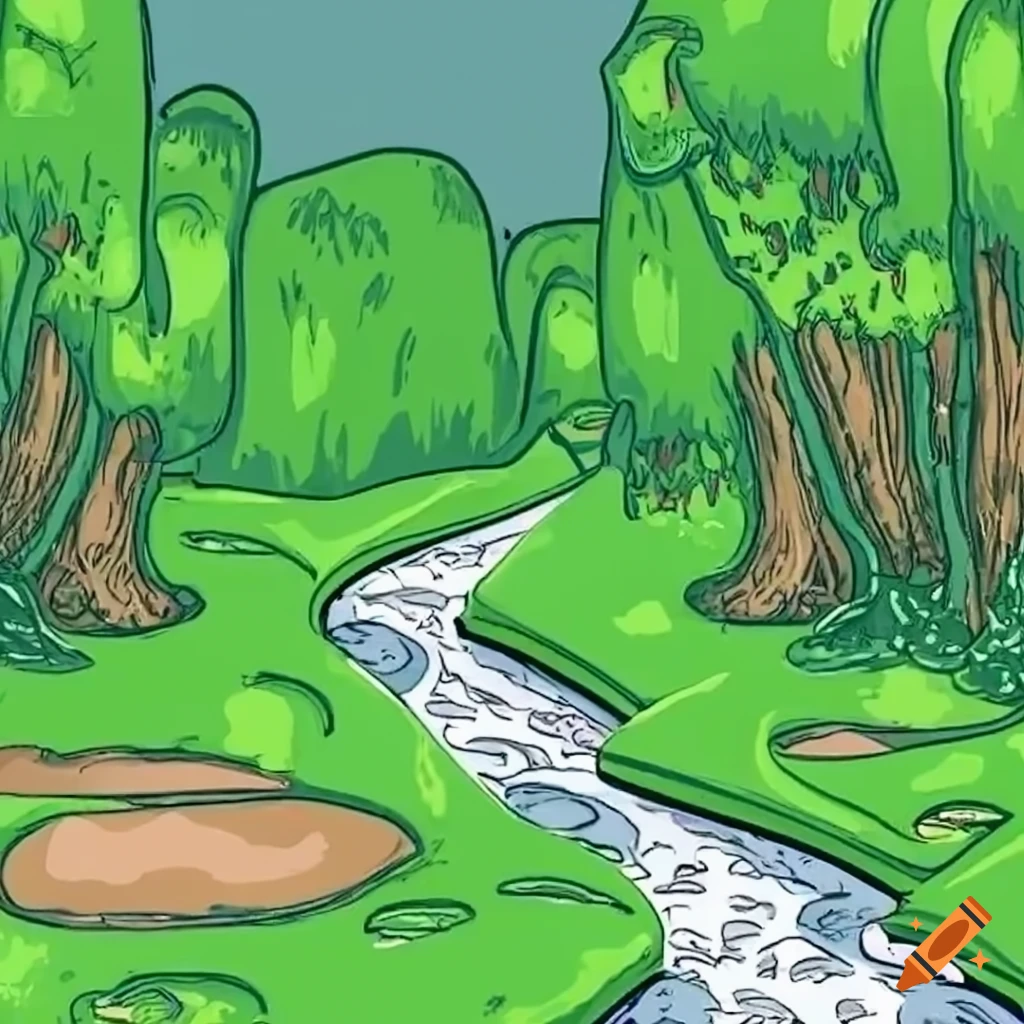 Pebbled riverbed winding through verdant jungle in video game style
