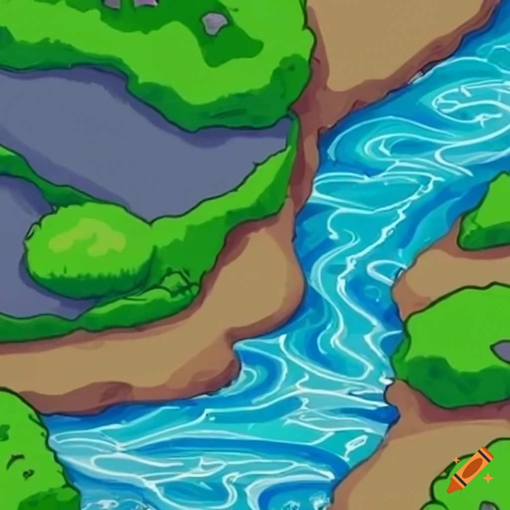 Meandering river with pebble riverbed on a transparent background in video game style