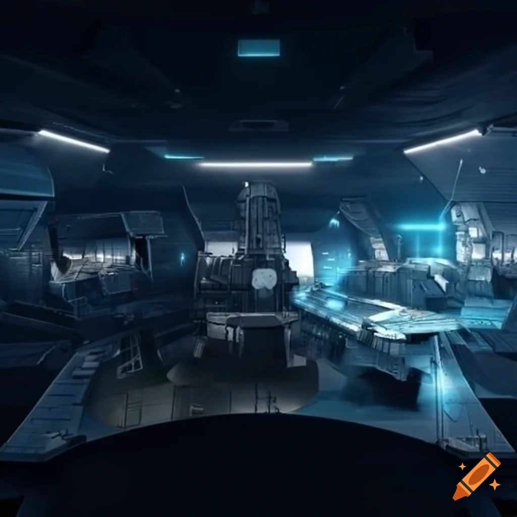 Science fiction hangar with spaceships inside
