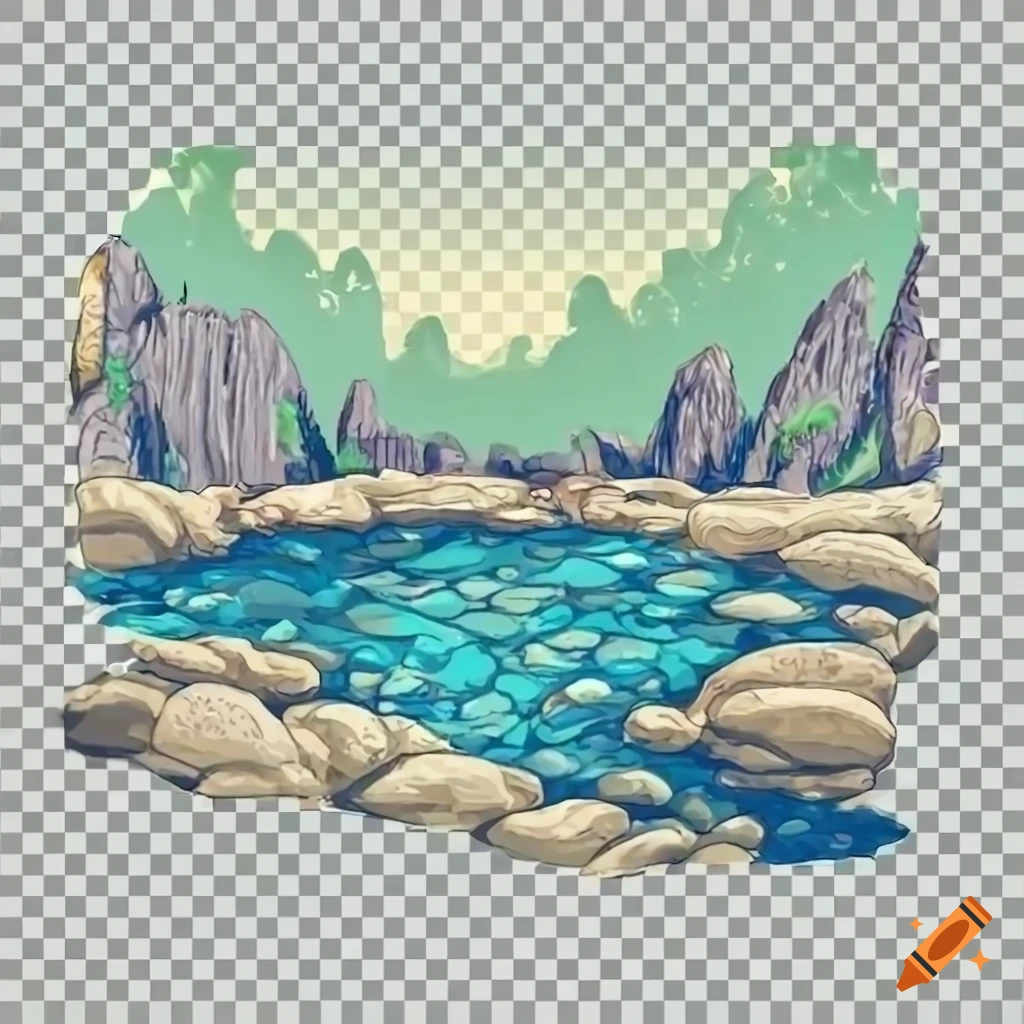 Meandering river with pebble riverbed on a transparent background in video game style