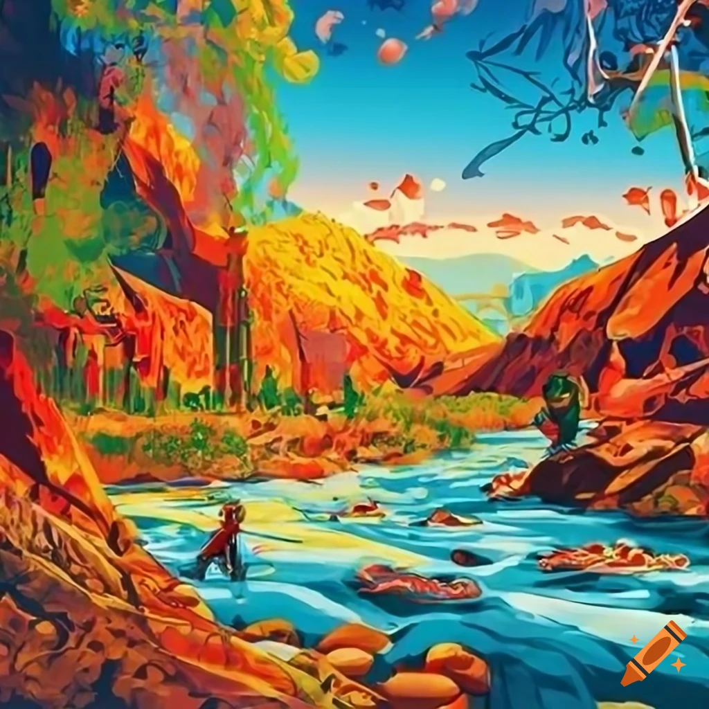 Anime-style vintage travel poster art of Kernville showing brewery, fly fishing, and white water rafting