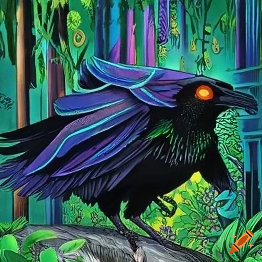 Black Raven with iridescent Peacock feather cloak in a Celtic storybook illustration