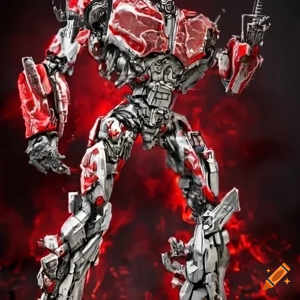 Transformer made of steak in an optimus prime action pose caricature