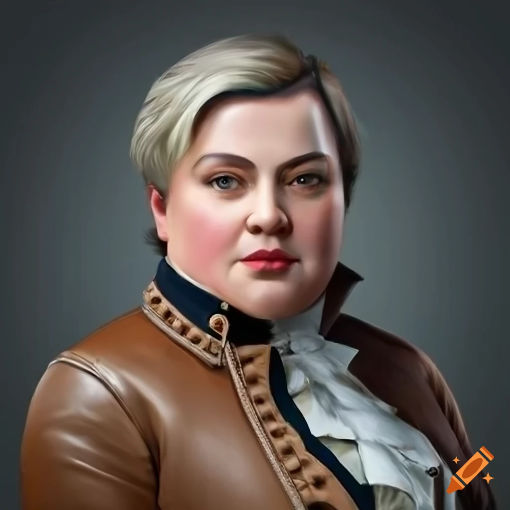 Portrait of a plus size aristocratic woman with a regal expression and short dark blonde hair