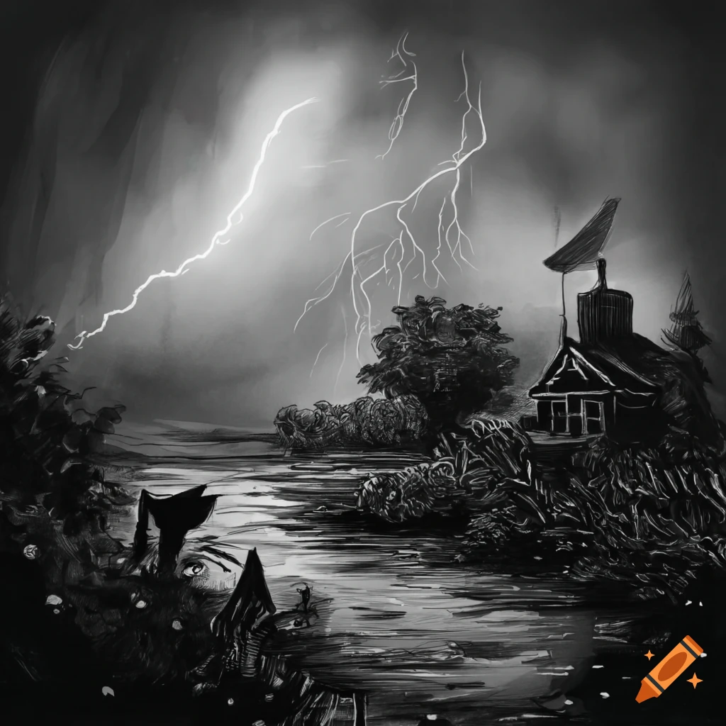 Black and white drawing of thieves planning a robbery near rose bushes in a storm