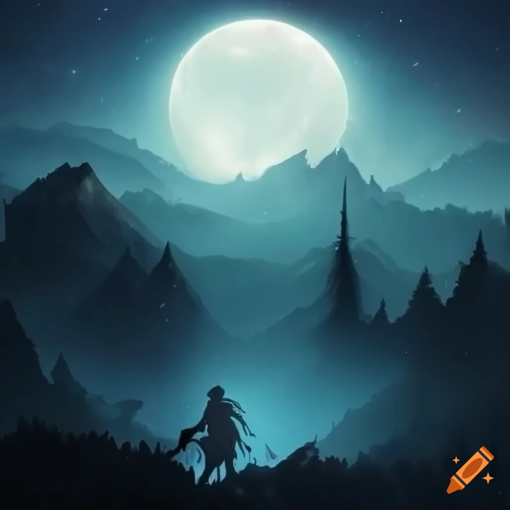 Epic blue battle album cover with silhouettes of cryptids on a mountainous landscape at night