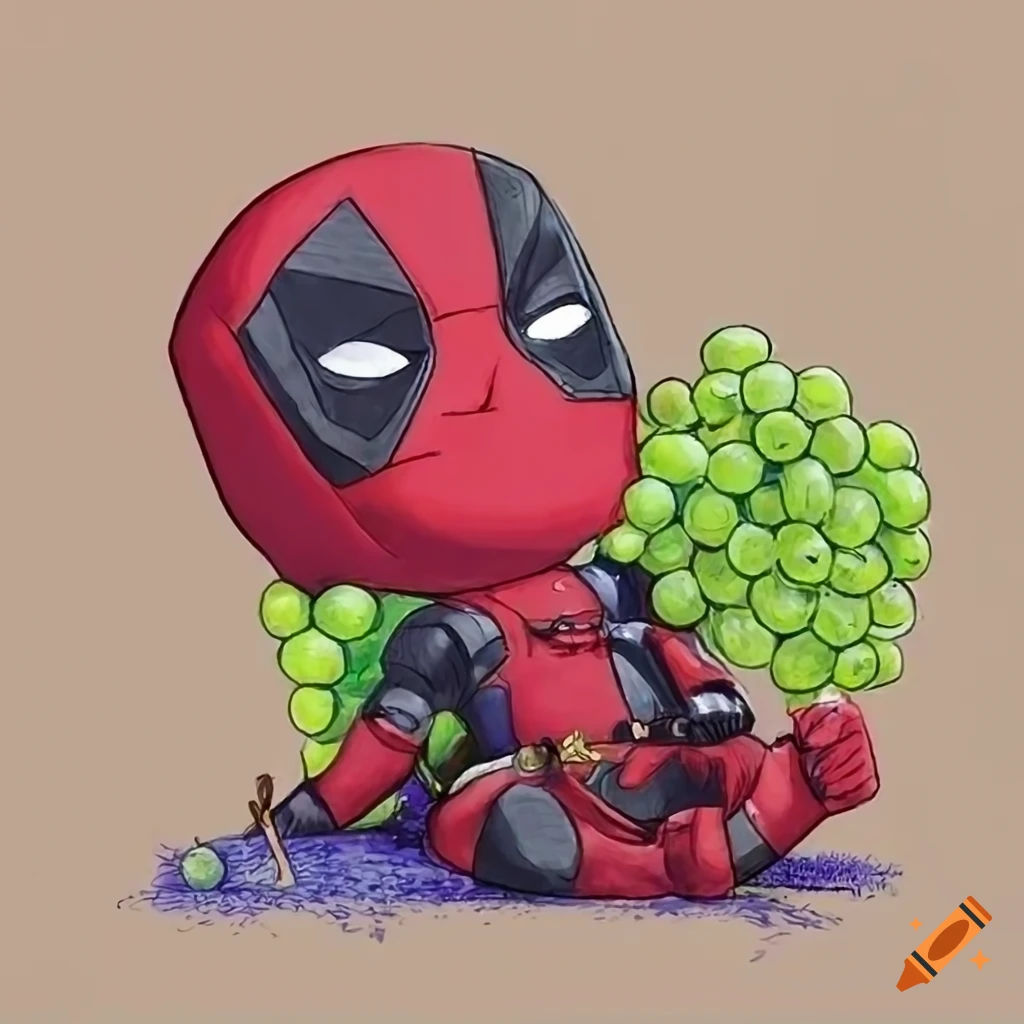 Sleeping Deadpool on a bed of grapes in a whimsical child's drawing