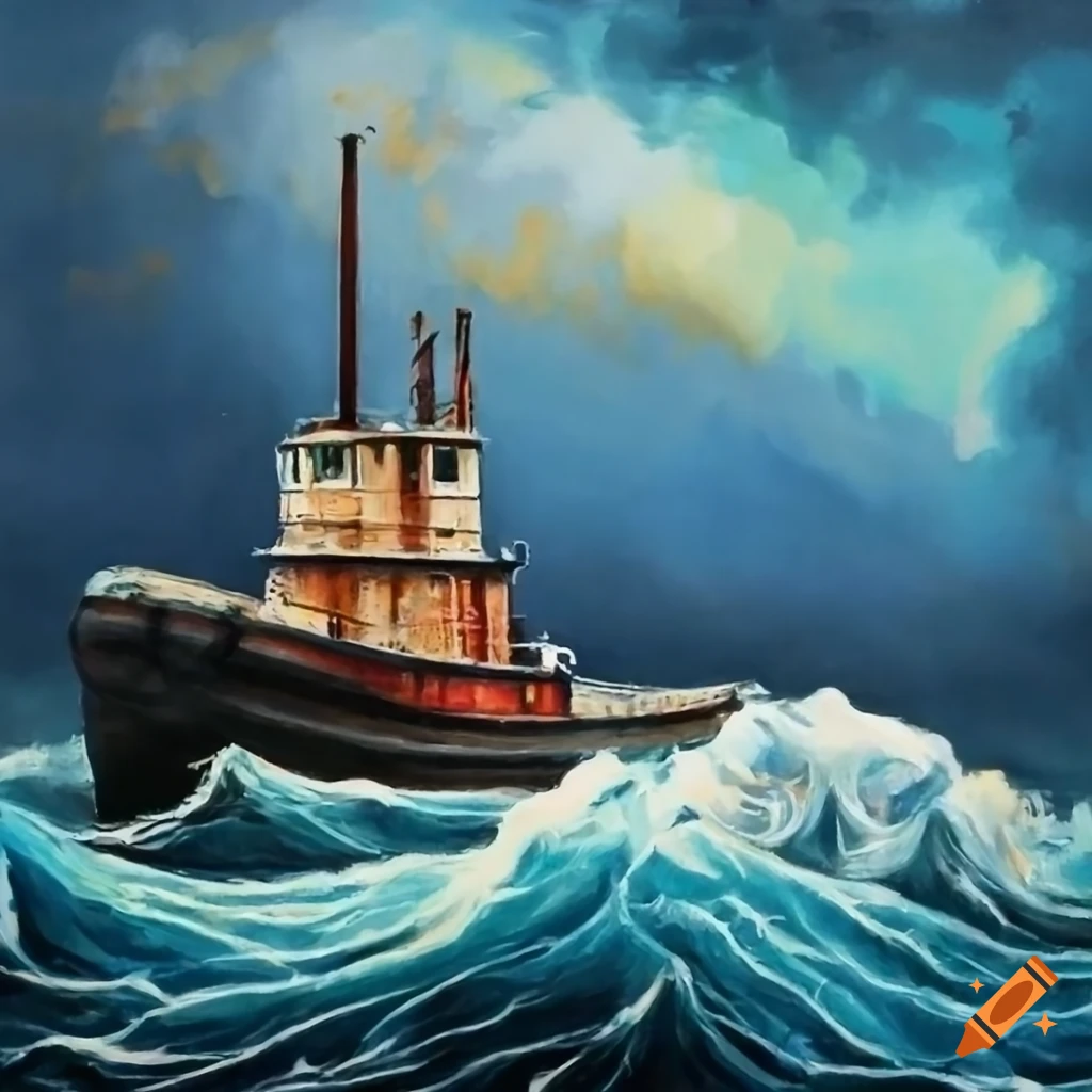Vintage tugboat in a storm with high waves in a detailed painting