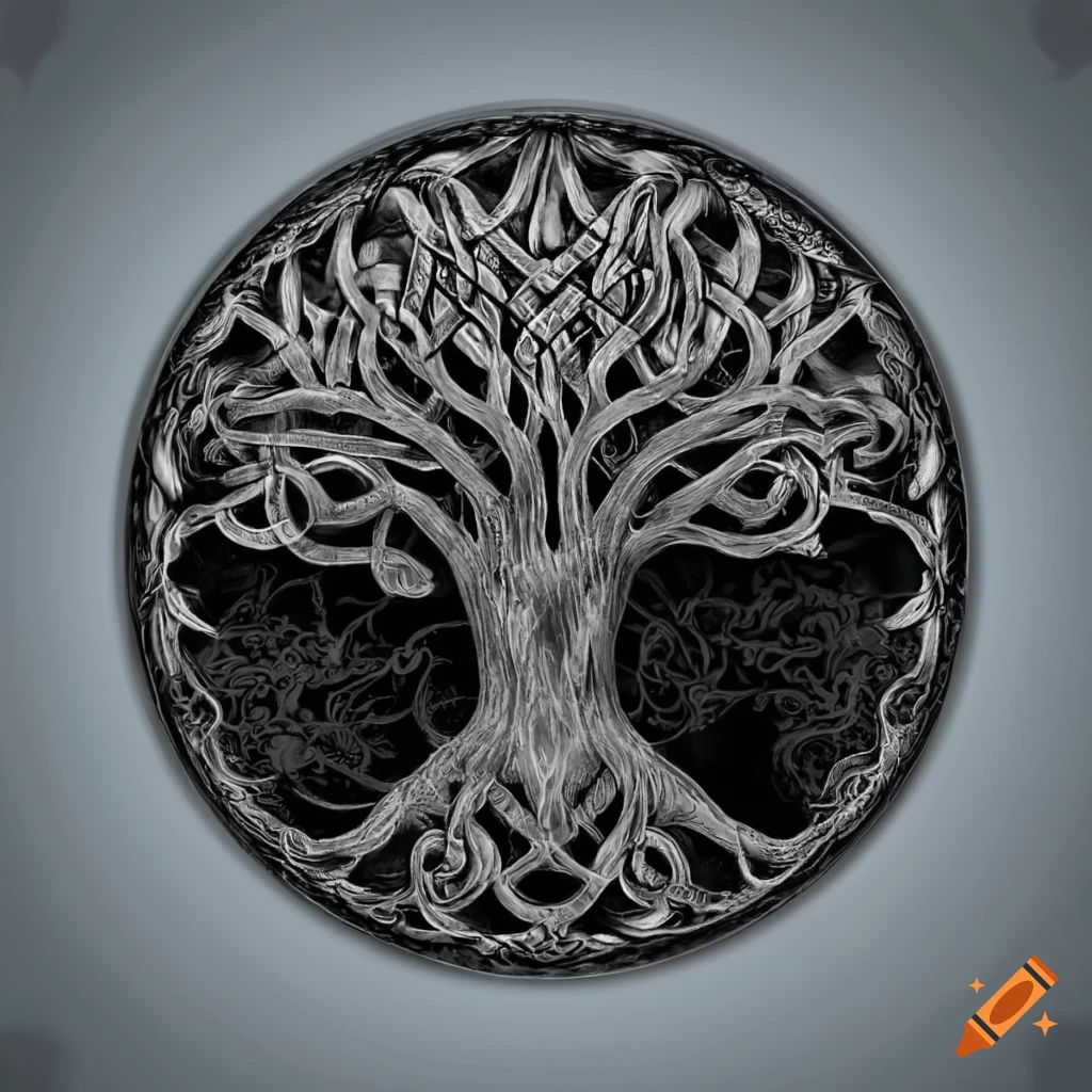 Stylized medallion of the Yggdrasil tree on a silvery clouded backdrop