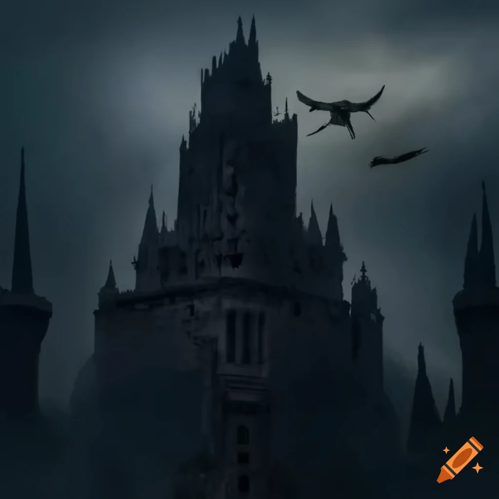 Creepy black castle with a cross and a bird in a terrifying setting