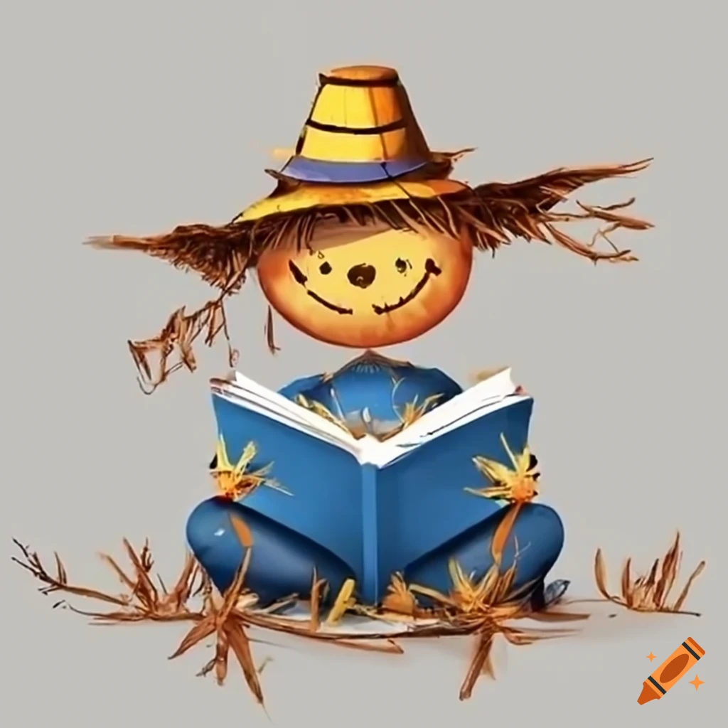 Cute scarecrow reading a book