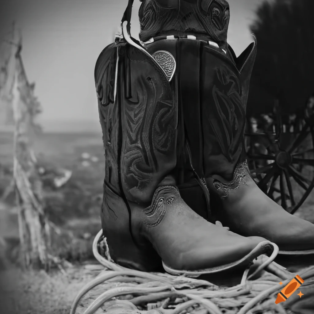 Black and white rustic cowboy theme with lasso, boots, hat, wagon wheel, and saddle