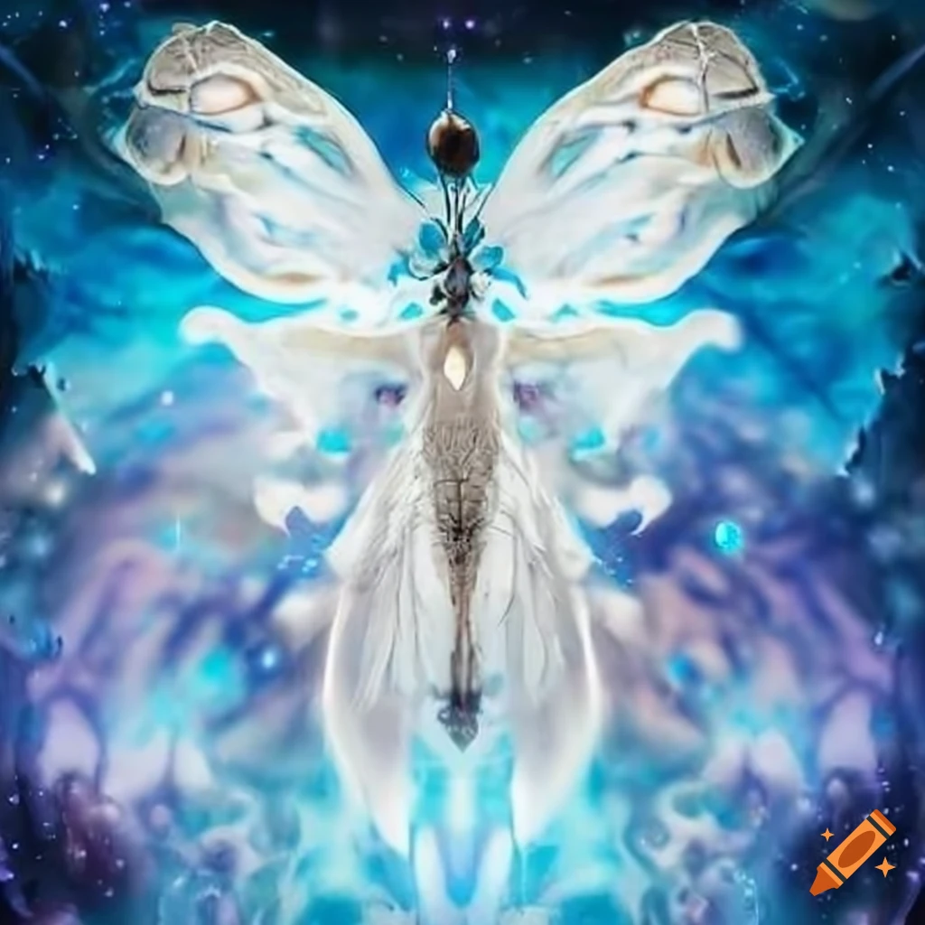 Majestic white insectile spirit with six cosmic wings