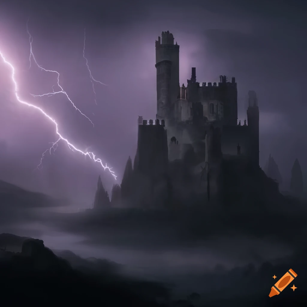 Stormy night with lightning at ancient ruined castle in gothic fantasy style
