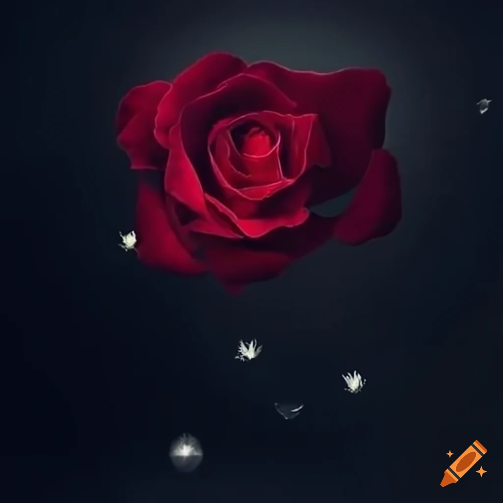 Enchanted red rose with diamonds floating around under moonlight