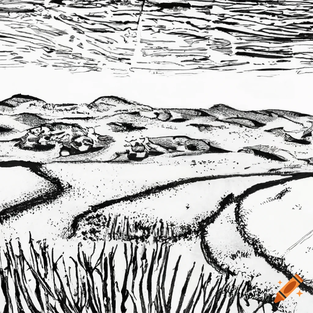 Sand desert landscape in Junji Ito style in black and white ink