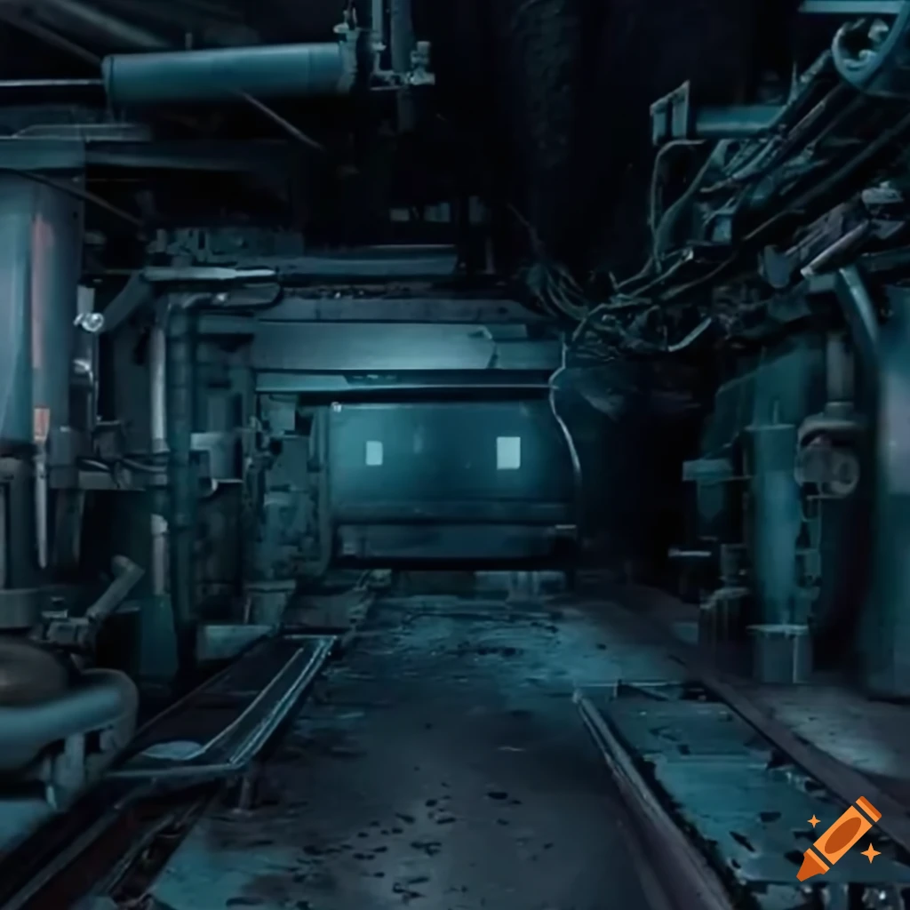 Dark and eerie corridor of an underground science fiction factory in the Arctic, with walls of rusted metal sheets, concrete floor, and heavy futuristic machinery