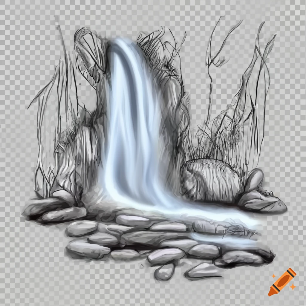 Cascading creek with pebble riverbed on transparent background in video game style