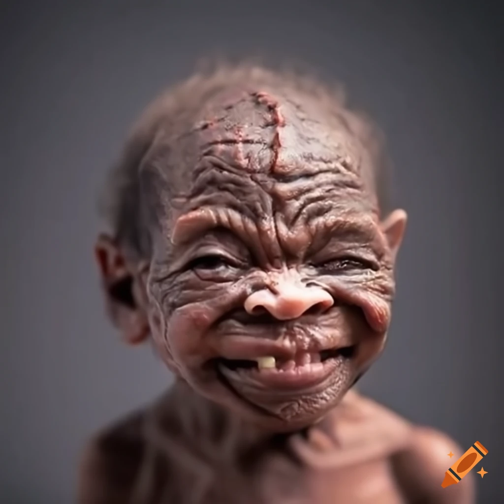 Smiling African pygmy dwarf with wrinkled skin on Craiyon