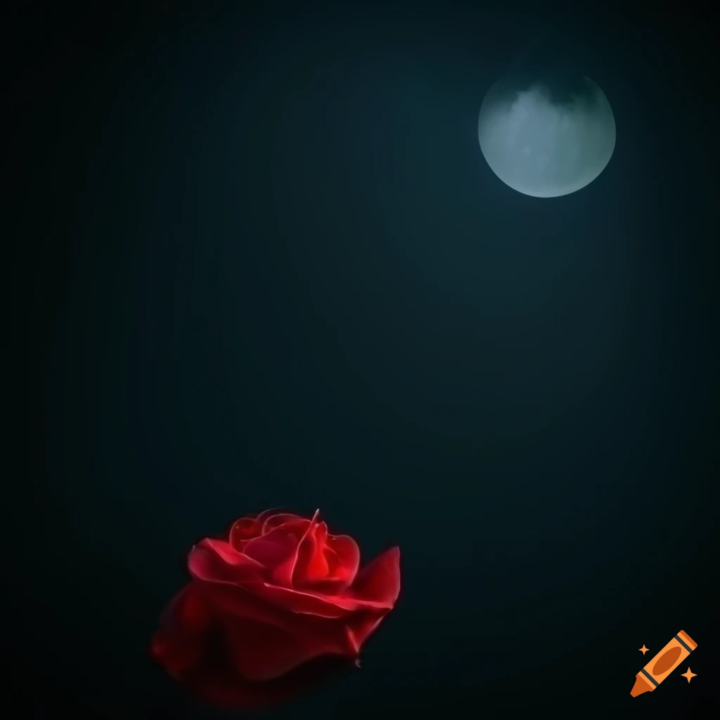 Solitary rose in darkness with night orbs and moonlight