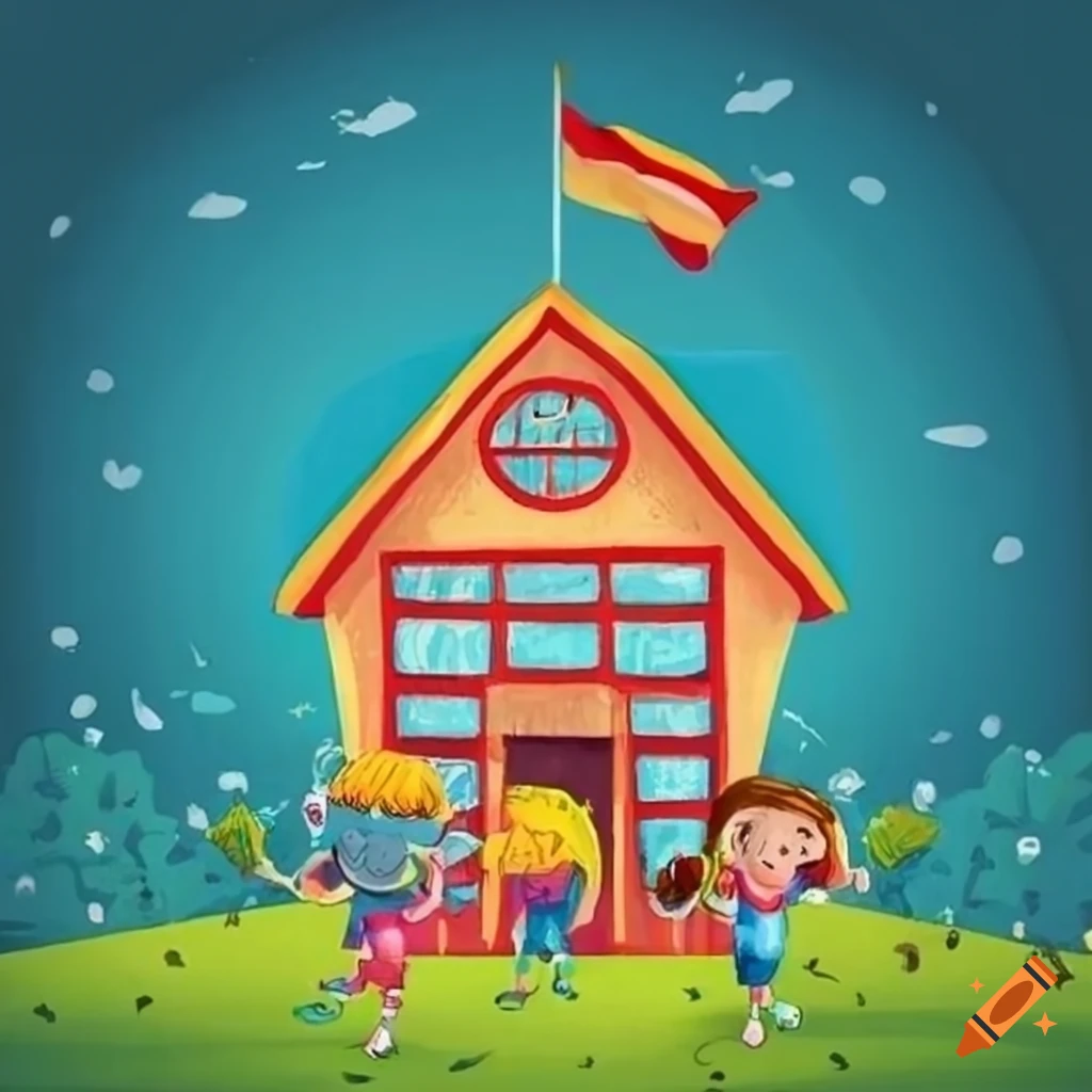 Whimsical illustration of children entering schoolhouse