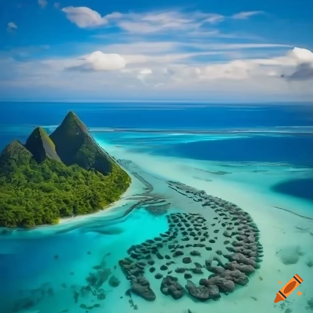 Idyllic paradise island resembling French Polynesia with crescent shape, mountain, coral reef, airport, and base