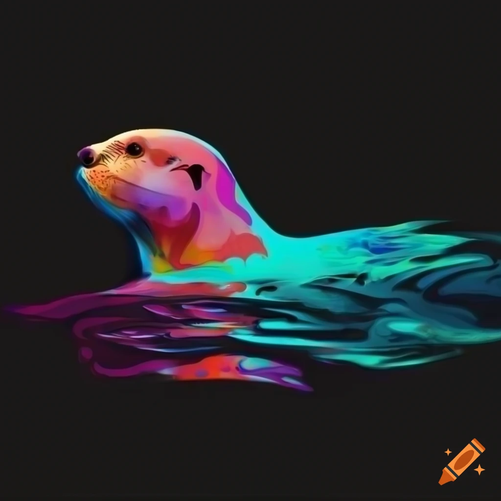 Abstract otter swimming in funky colors on a black background