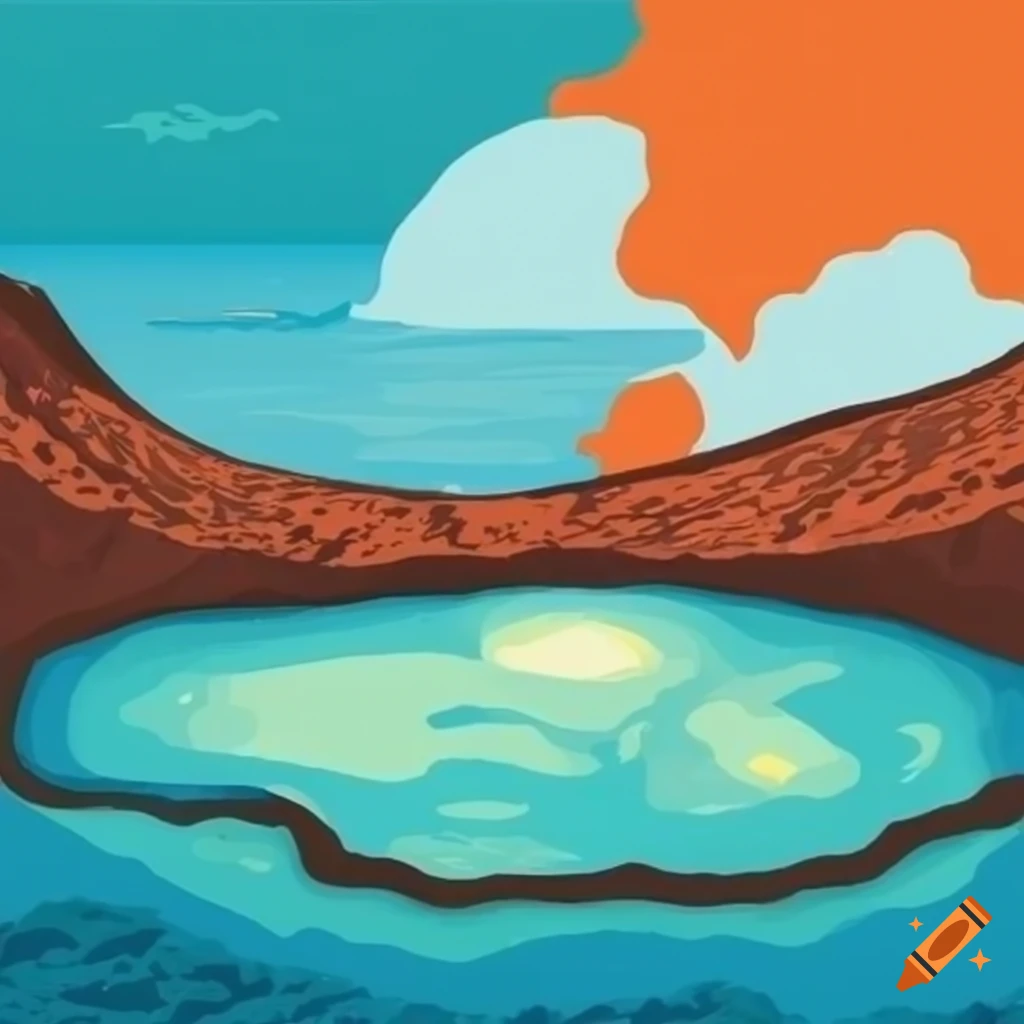 Lago dentro de un cráter de un volcán inactivo en estilo de dibujo