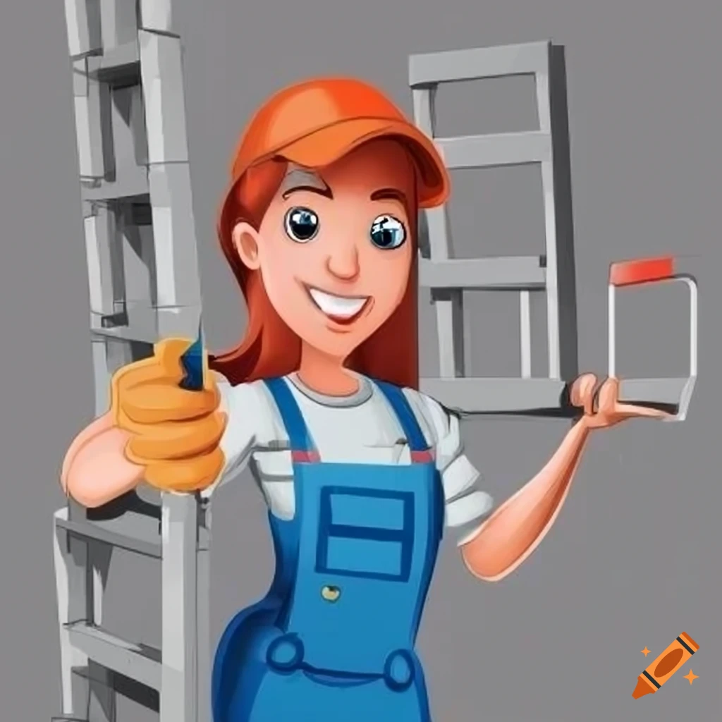 Young female plumber with a ladder in a cartoon style