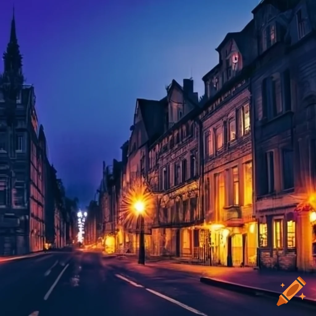 Lit street at dusk