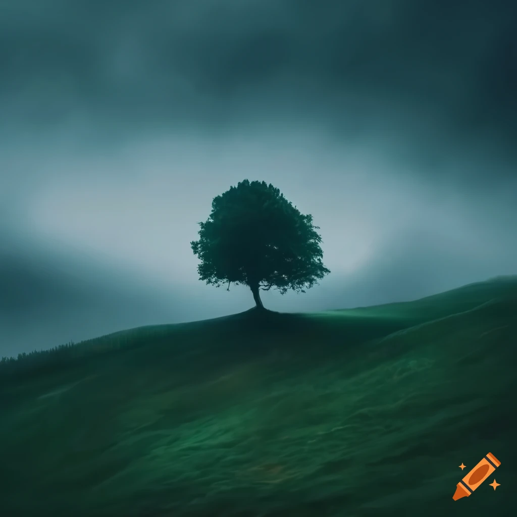 Tree standing tall in heavy rain and clouds on a hill