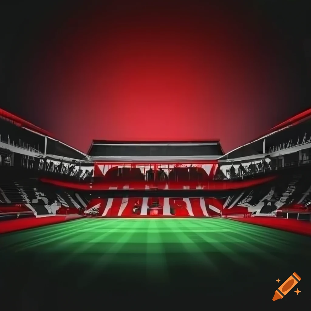 Estádio de futebol moderno em 3D com cores preto, vermelho e detalhes brancos