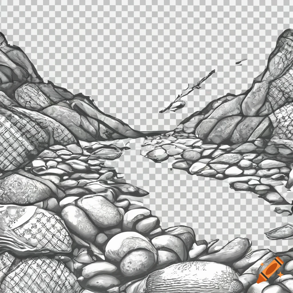 Meandering river with pebble riverbed on a transparent background in video game style