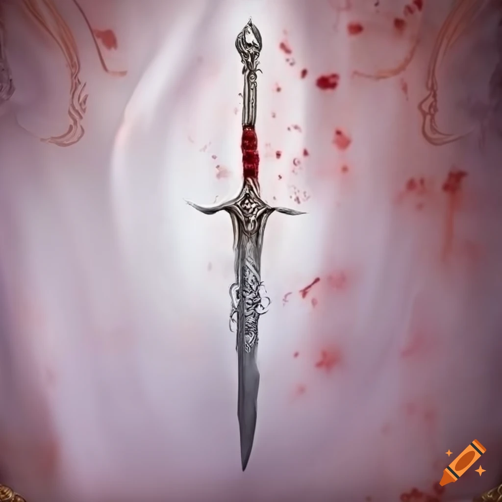 Elven fantasy silver sword on white silk background with blood stains