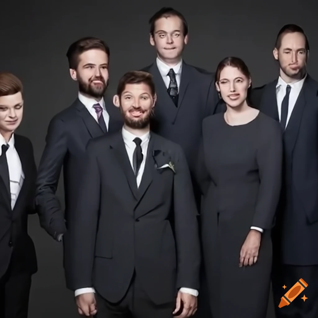 Team of people in formal suits working together in an office setting