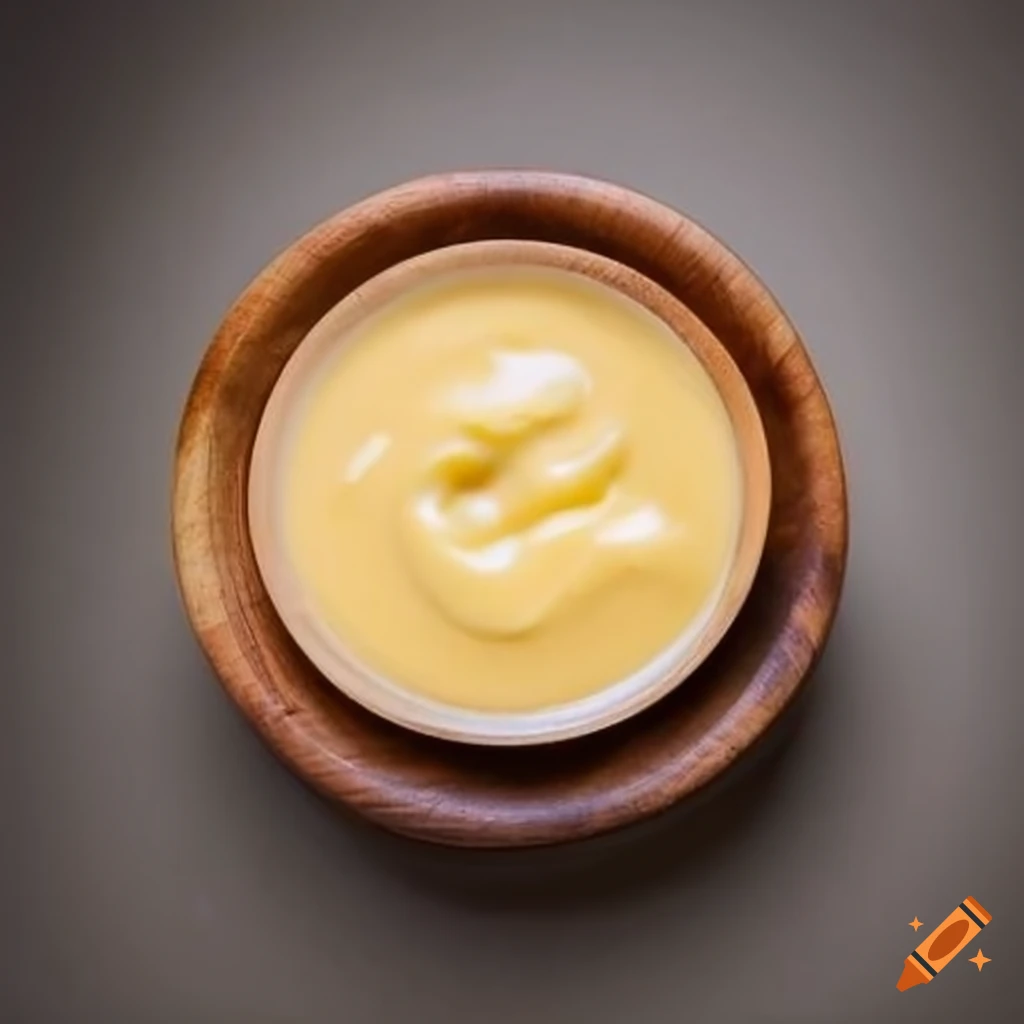 Cheese sauce in a wooden bowl