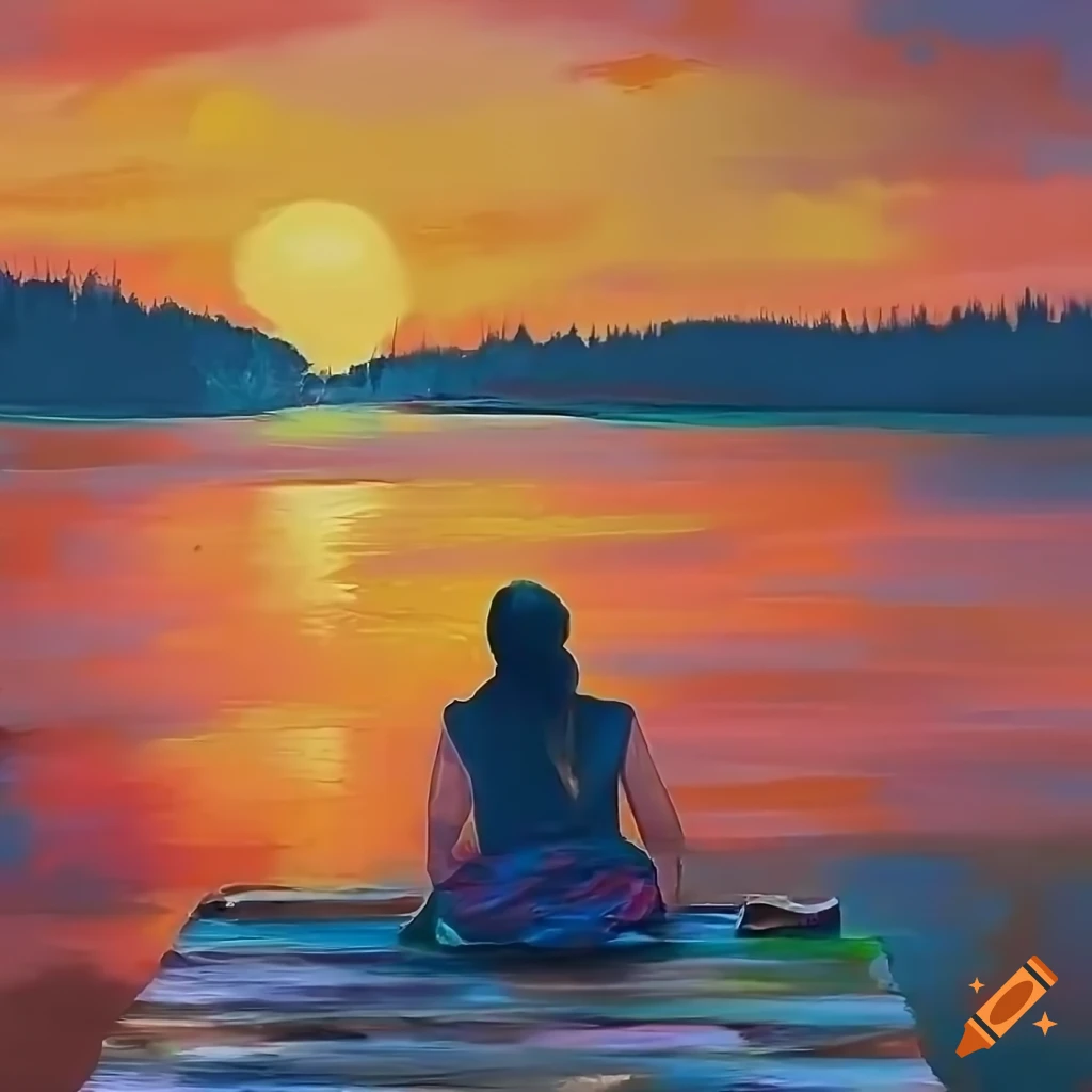 Vibrant sunset over a calm lake with a person lost in thought