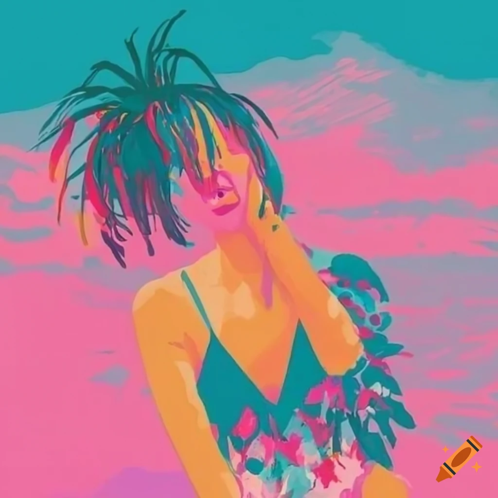 Summer vibes artwork with palm trees, sandy beaches, and pop art style named Zephyr